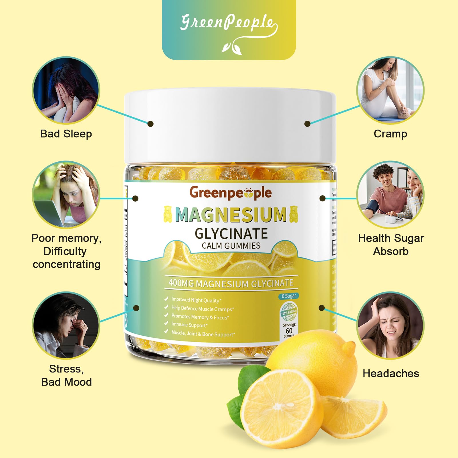 GREENPEOPLE Magnesium Glycinate Gummies label close-up featuring D3 and B6 for daily wellness