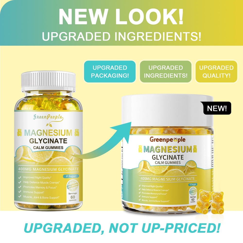 GREENPEOPLE Magnesium Glycinate Gummies packaging image shows compact bottle for travel and daily use