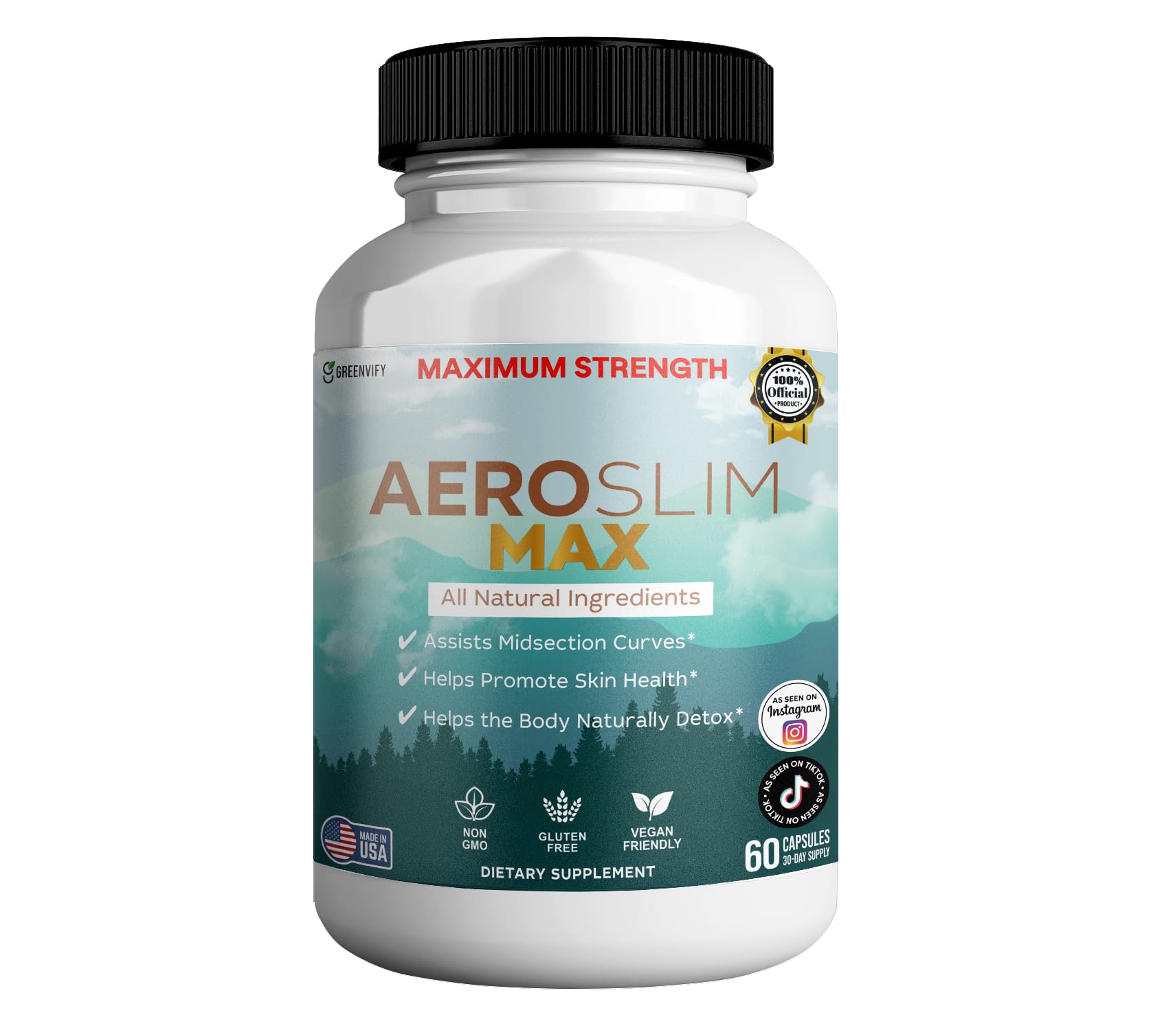 Aeroslim Max bottle front promotes daily vitality with plant-based ingredients