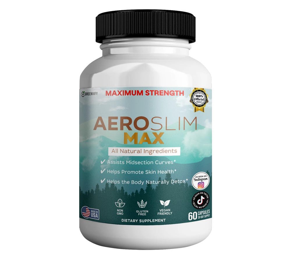 Aeroslim Max bottle front promotes daily vitality with plant-based ingredients