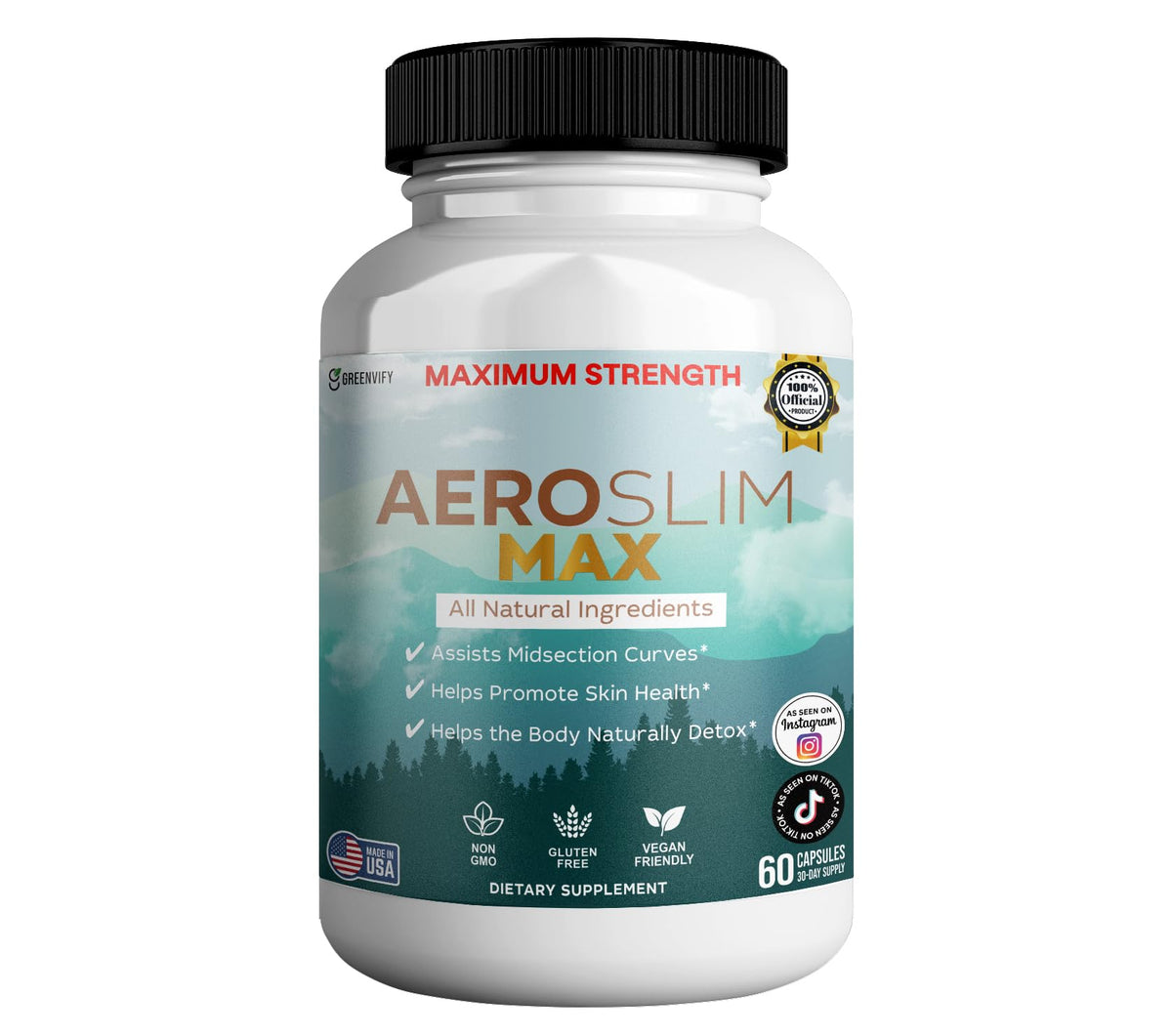 Aeroslim Max bottle front promotes daily vitality with plant-based ingredients