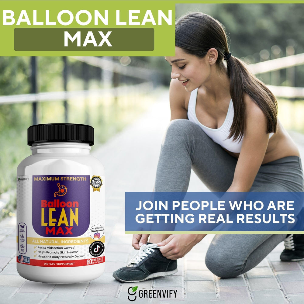 Back label of GREENVIFY Balloon Lean Max detailing ingredients and daily use directions.