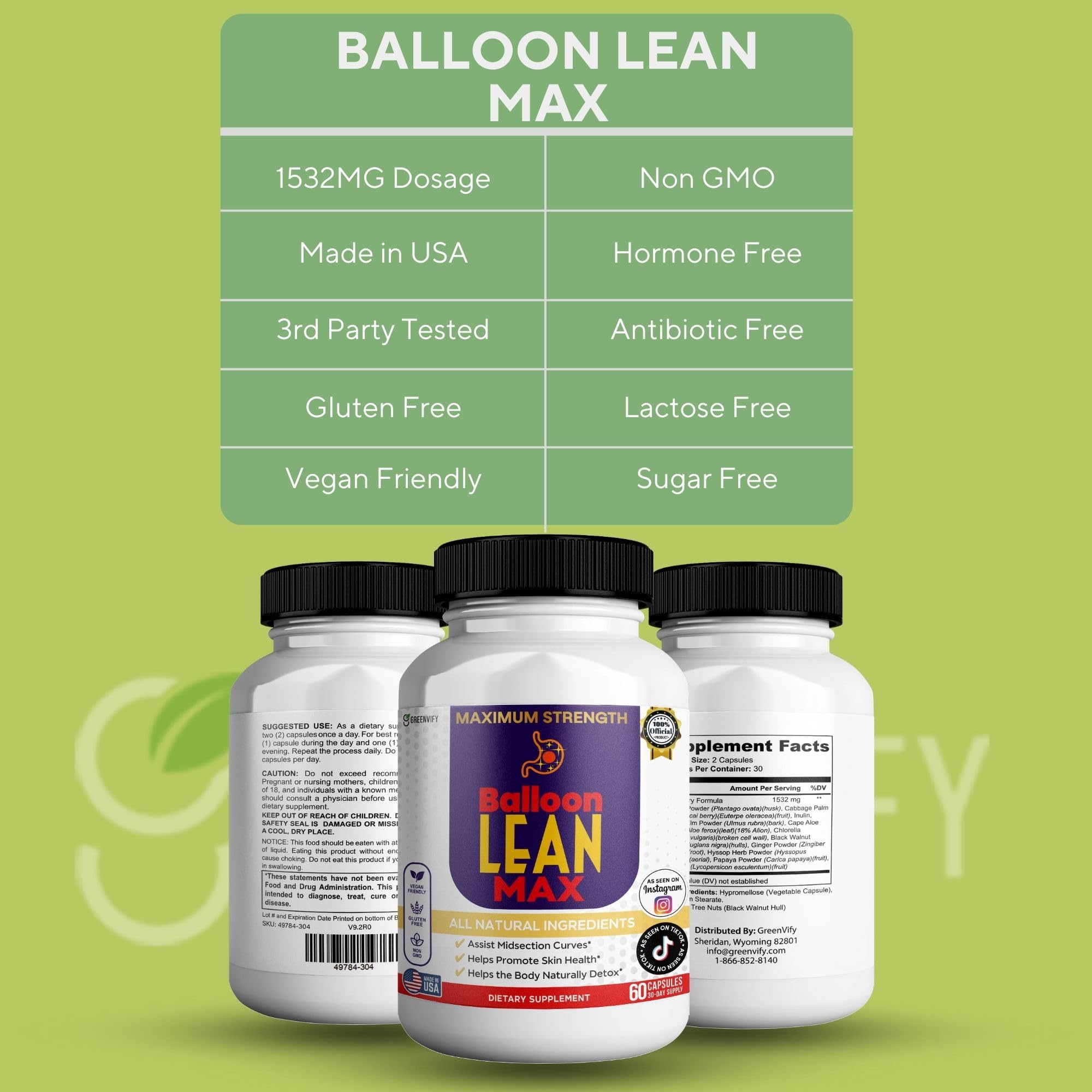 Front label of GREENVIFY Balloon Lean Max highlighting natural ingredients.