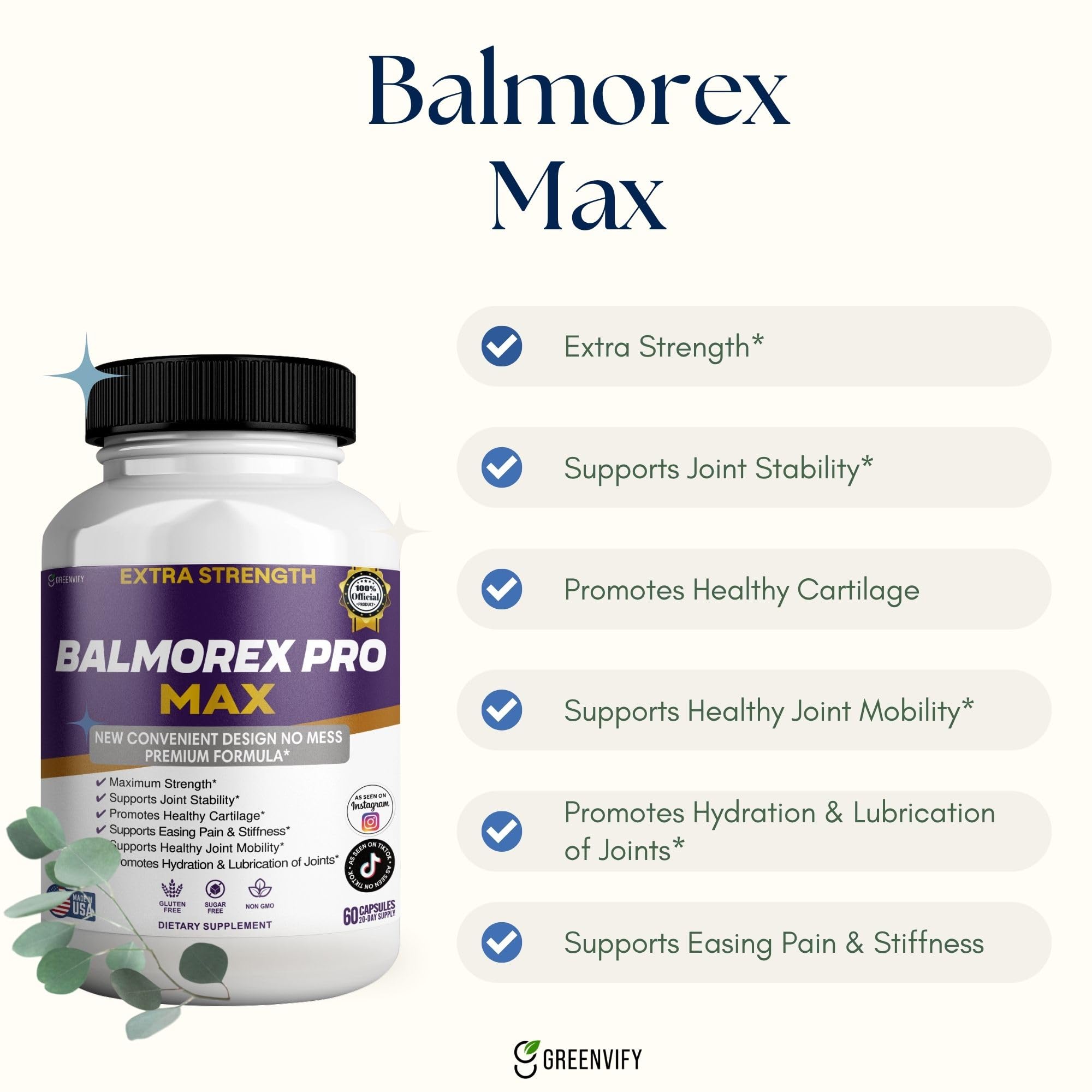 GREENVIFY Balmorex Pro Max capsules close-up highlighting form and potential mobility support.