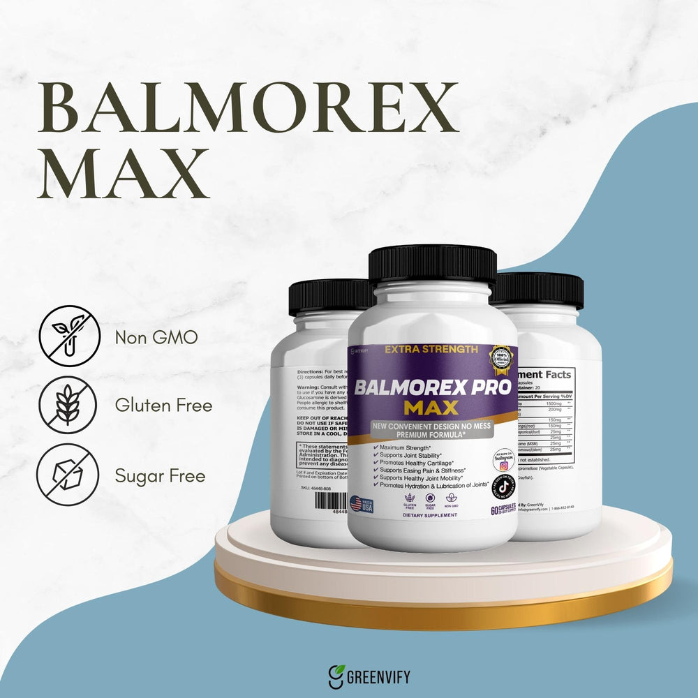 GREENVIFY Balmorex Pro Max ingredients panel emphasizing Glucosamine, Chondroitin, MSM synergy.