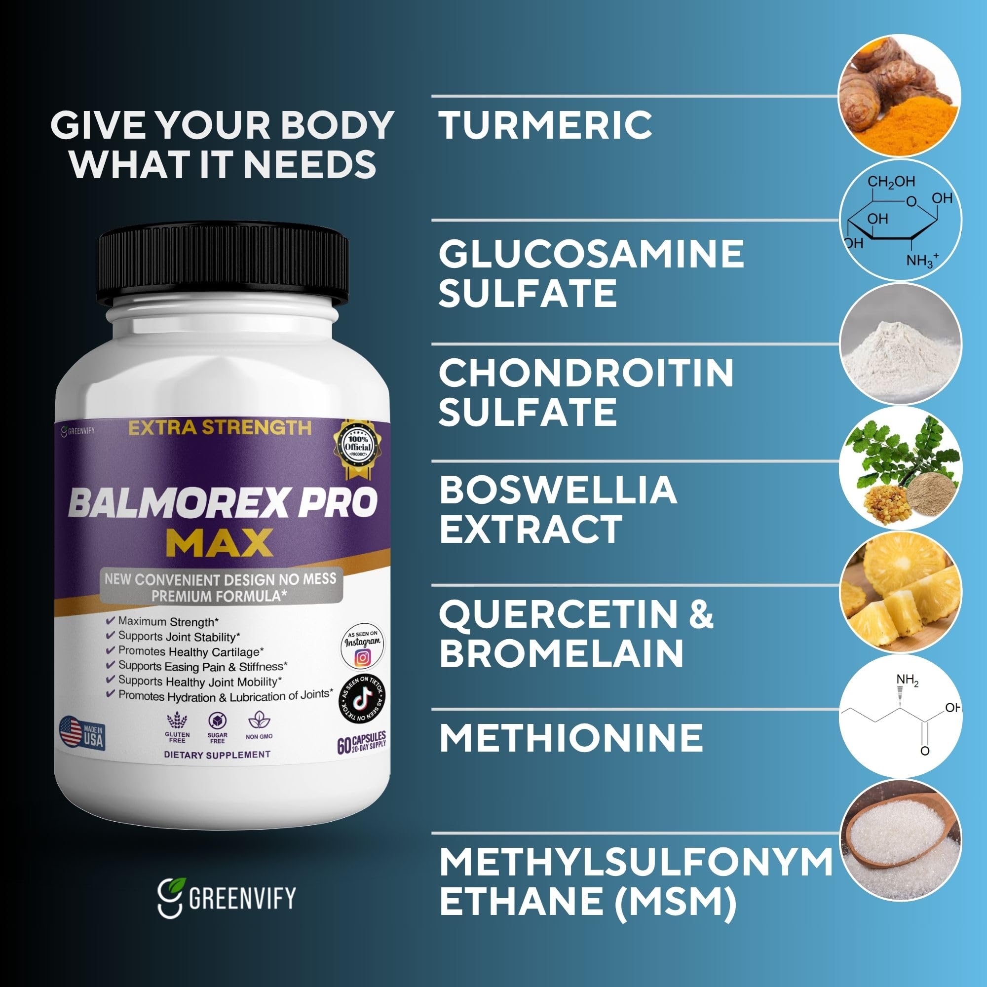 GREENVIFY Balmorex Pro Max label back with ingredient highlights for joint comfort benefits.