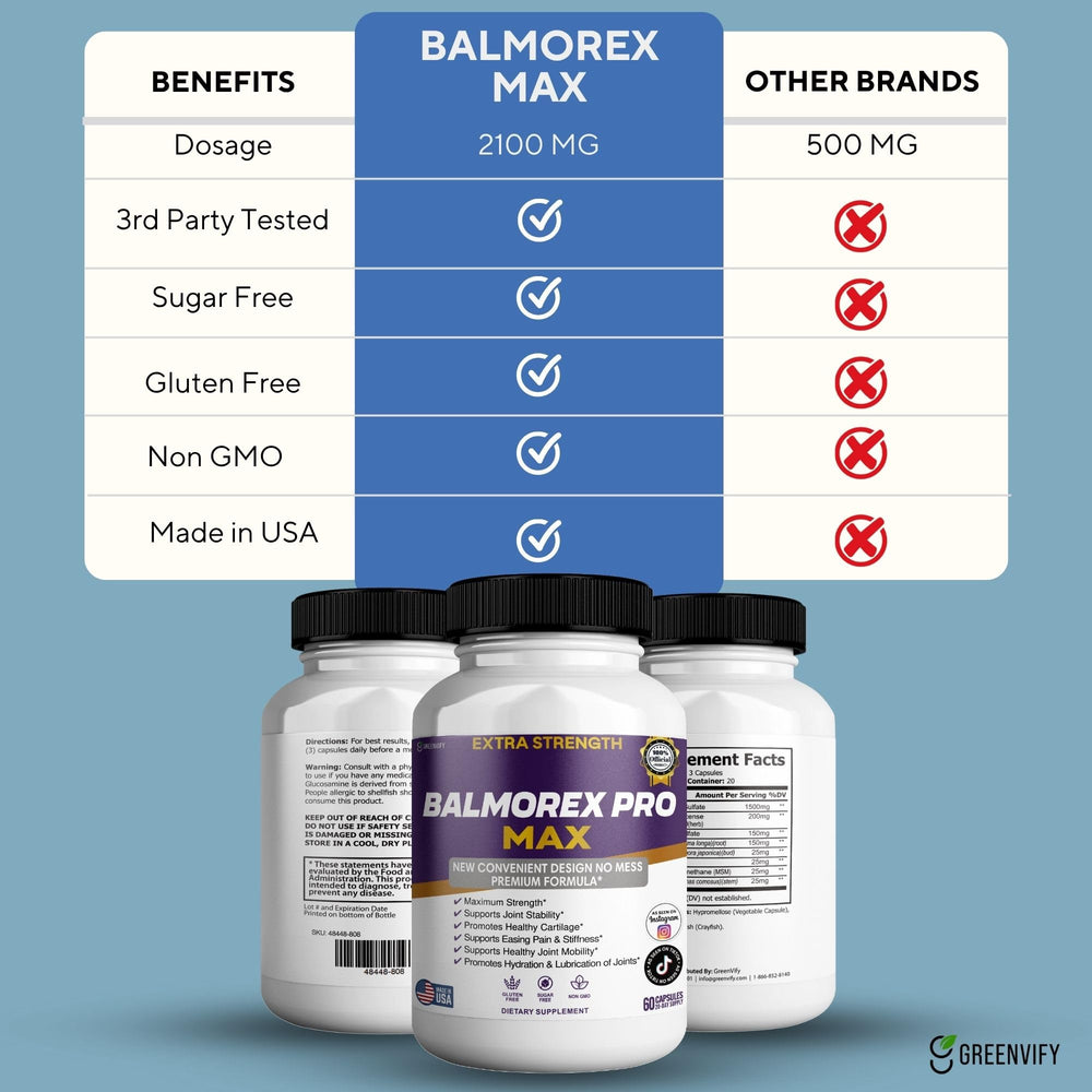 GREENVIFY Balmorex Pro Max label front showing gluten-free and non-GMO credentials for informed choices.