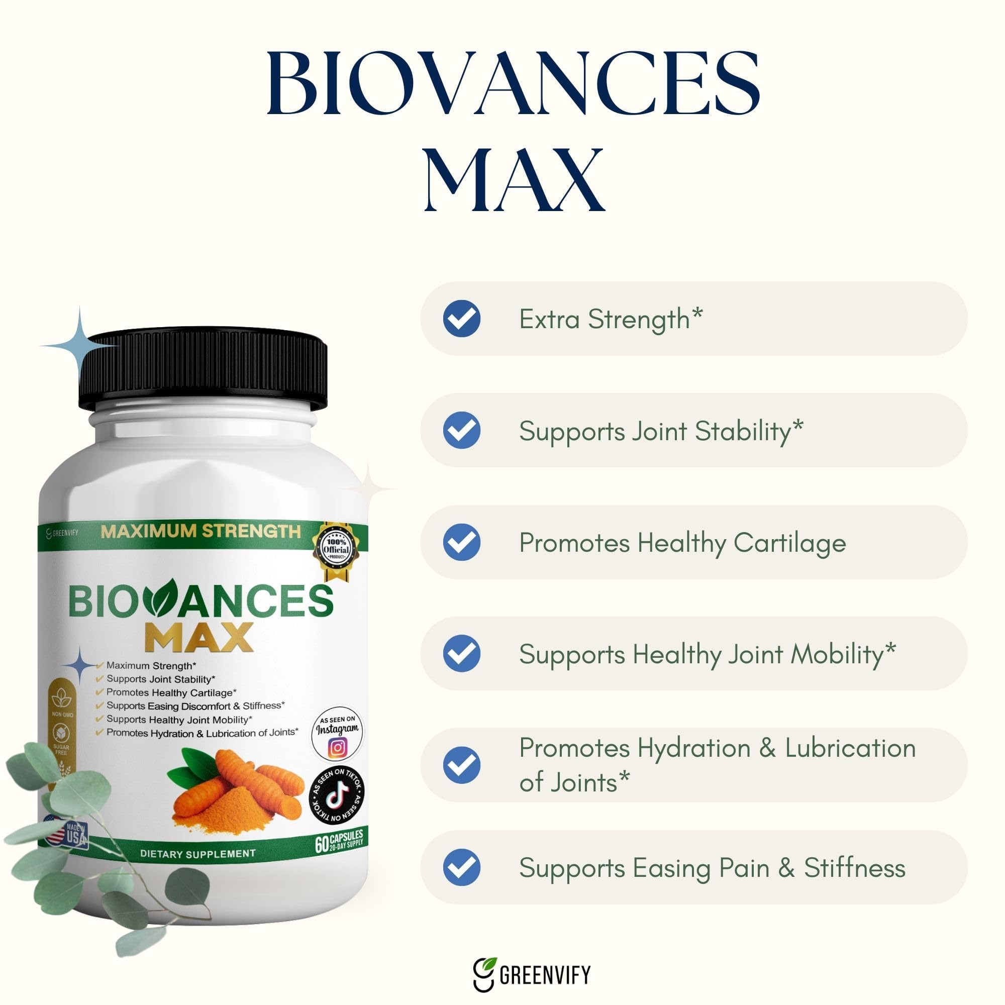 GREENVIFY Bioances Max label detail highlighting ingredients and dosage