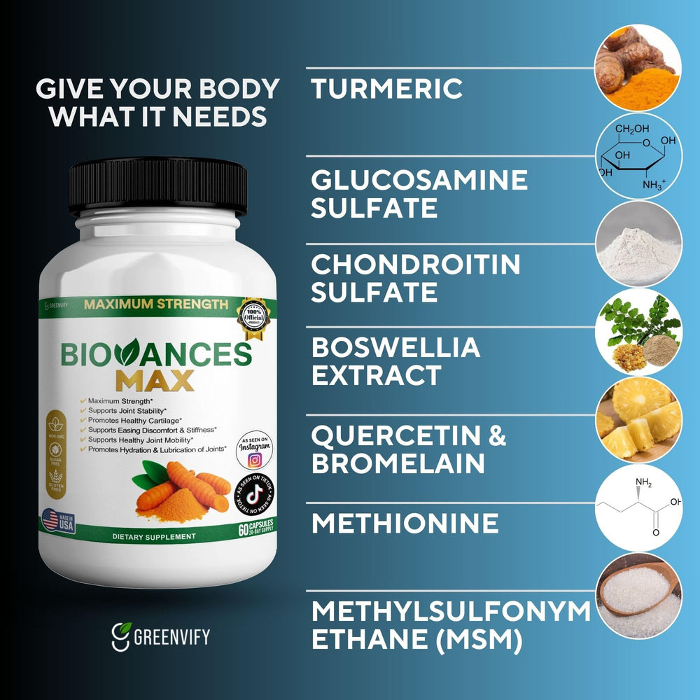 GREENVIFY Bioances Max packaging box showcasing product details and branding