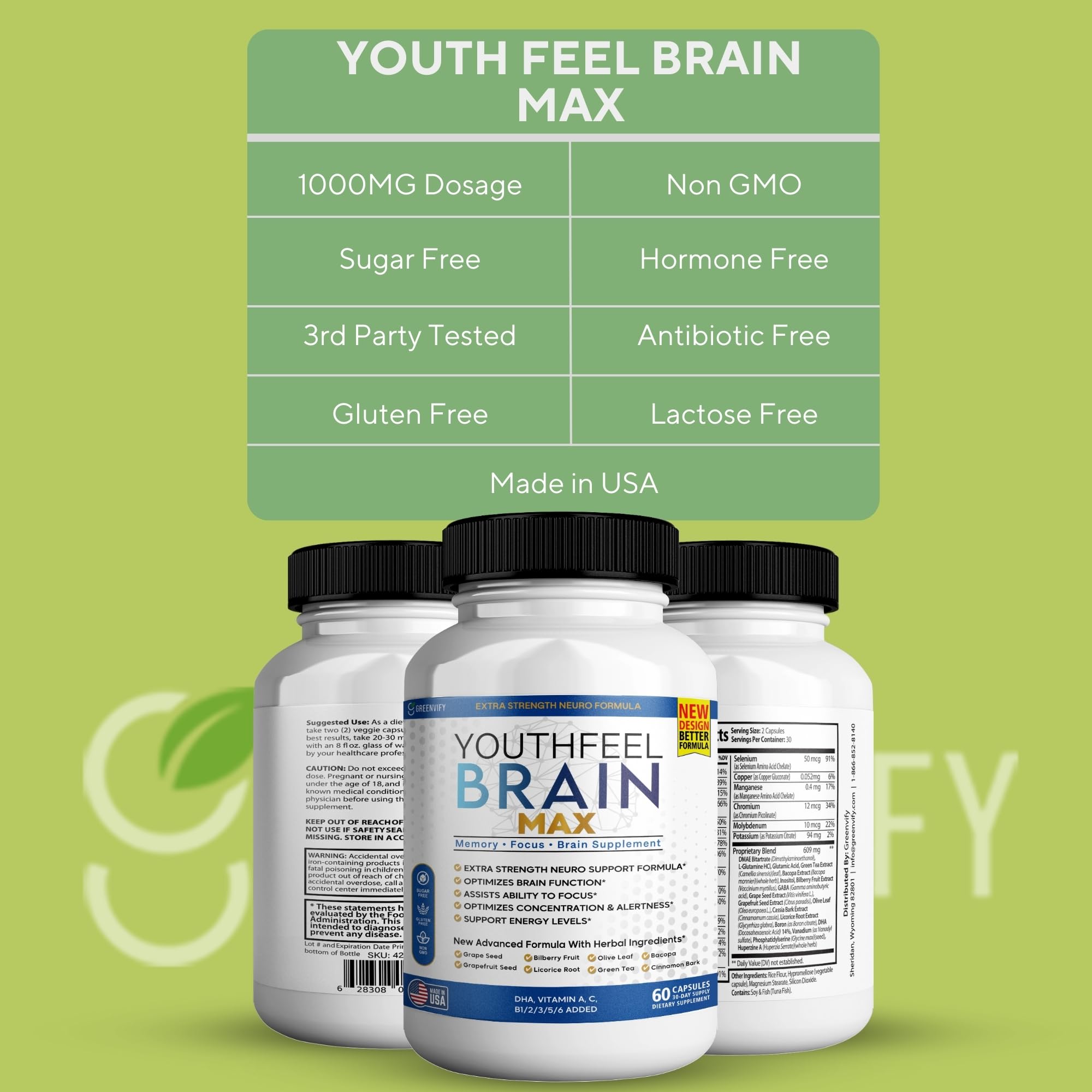 GREENVIFY Brain Max essential vitamins panel highlighting energy-supporting nutrients
