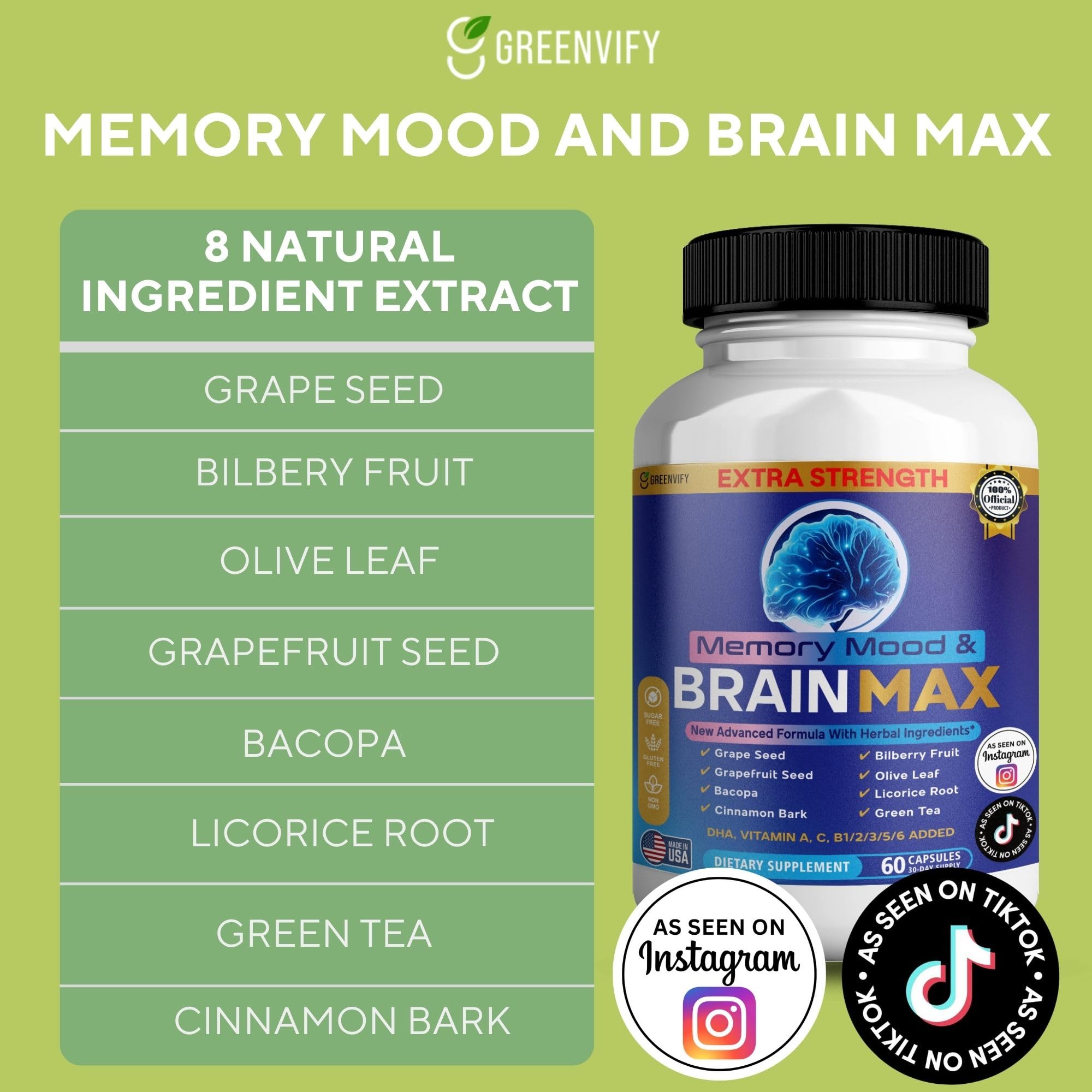 GREENVIFY brain support packaging highlights a holistic cognitive blend.