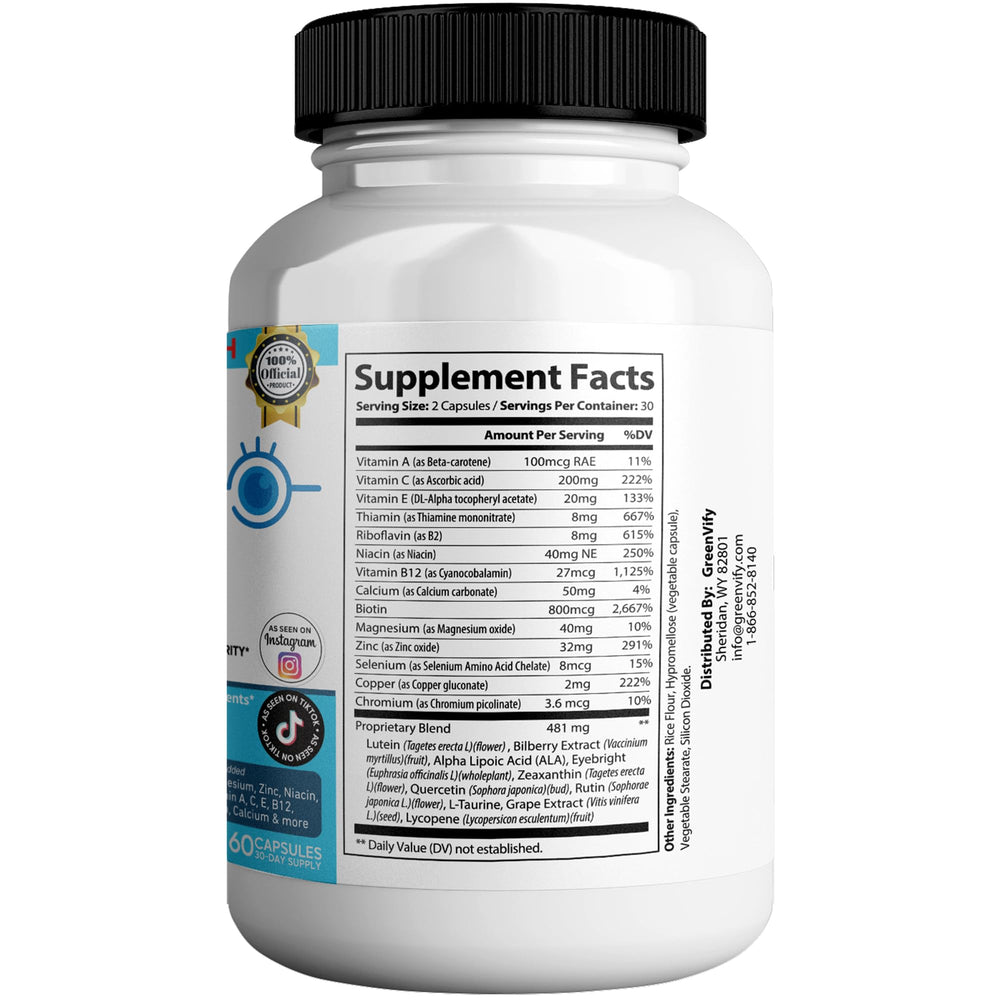 Greenvify EyeGenics Max Vision capsules in bottle with smooth texture.