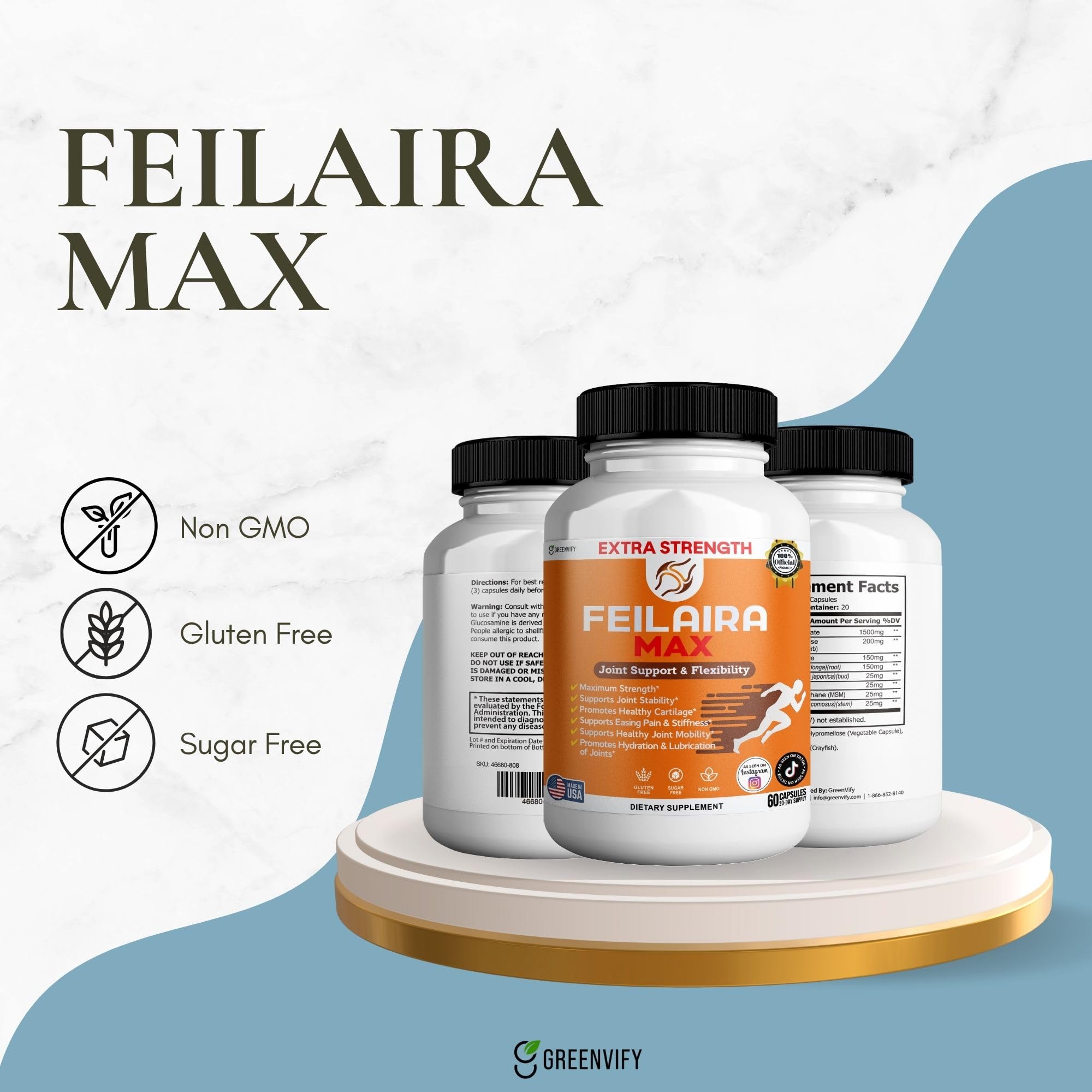 Gluten-free and non-GMO badge on GreenVify Feilaira Max.