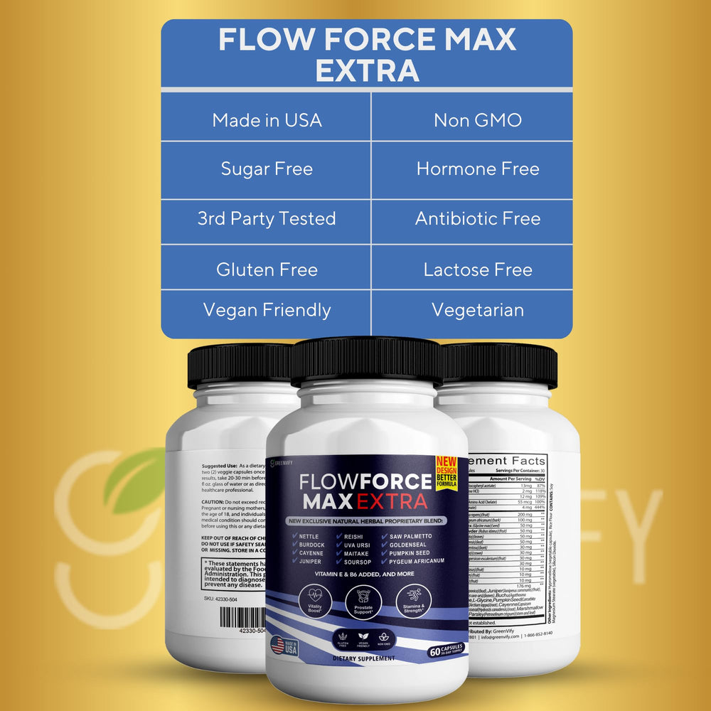 GREENVIFY FlowForce Max Extra ingredients label showing saw palmetto and zinc.
