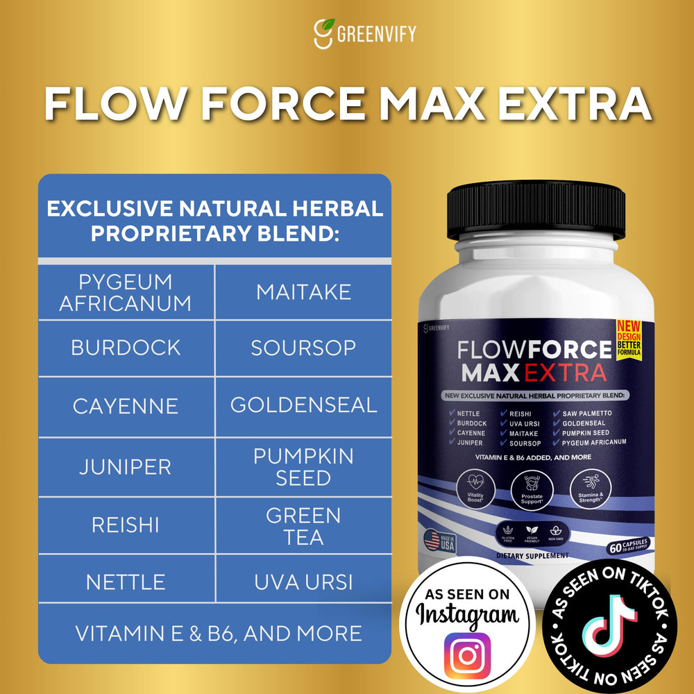 GREENVIFY FlowForce Max Extra packaging view highlighting vegan and gluten-free formula.
