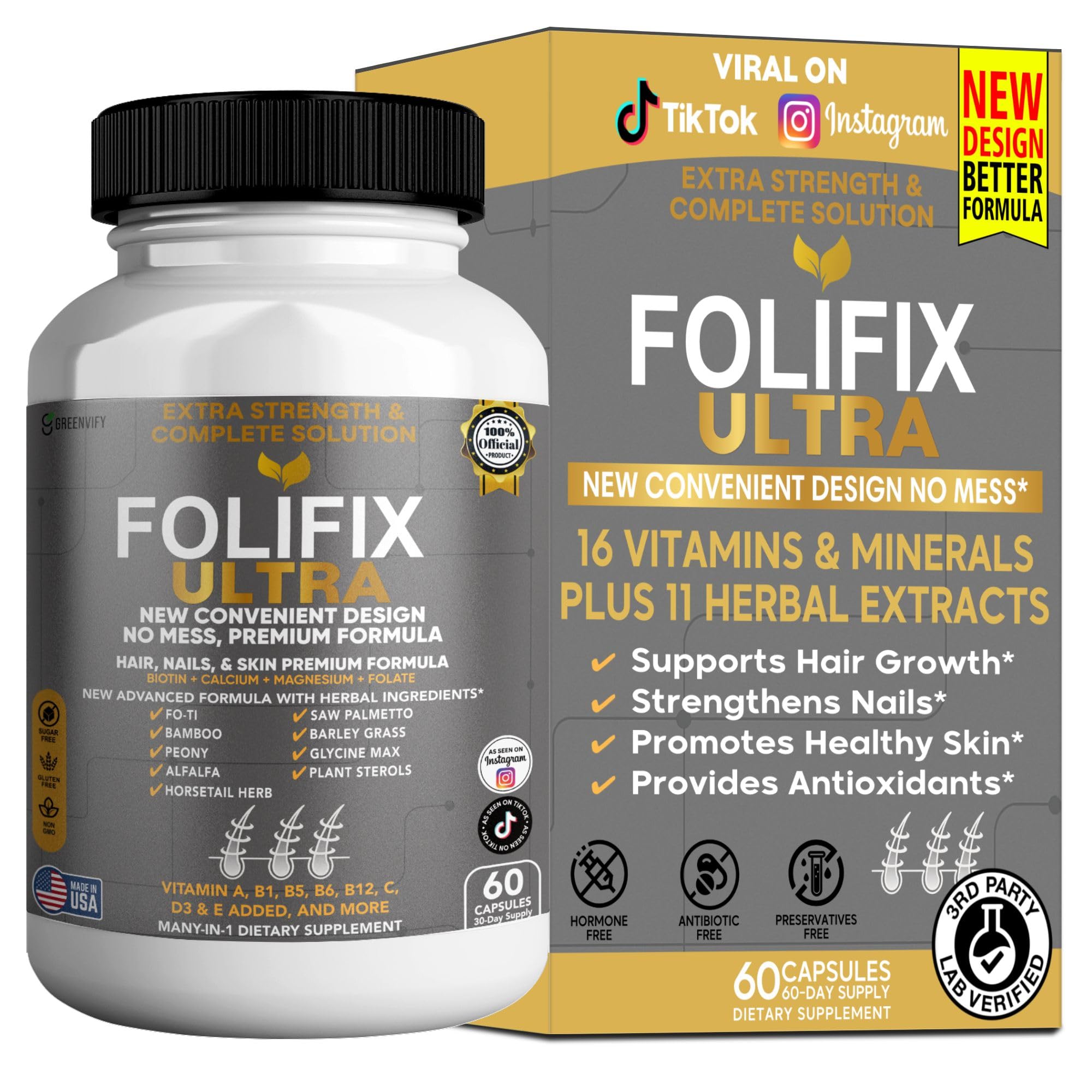 GREENVIFY FoliFix Ultra bottle front showing a premium daily supplement for hair and nails