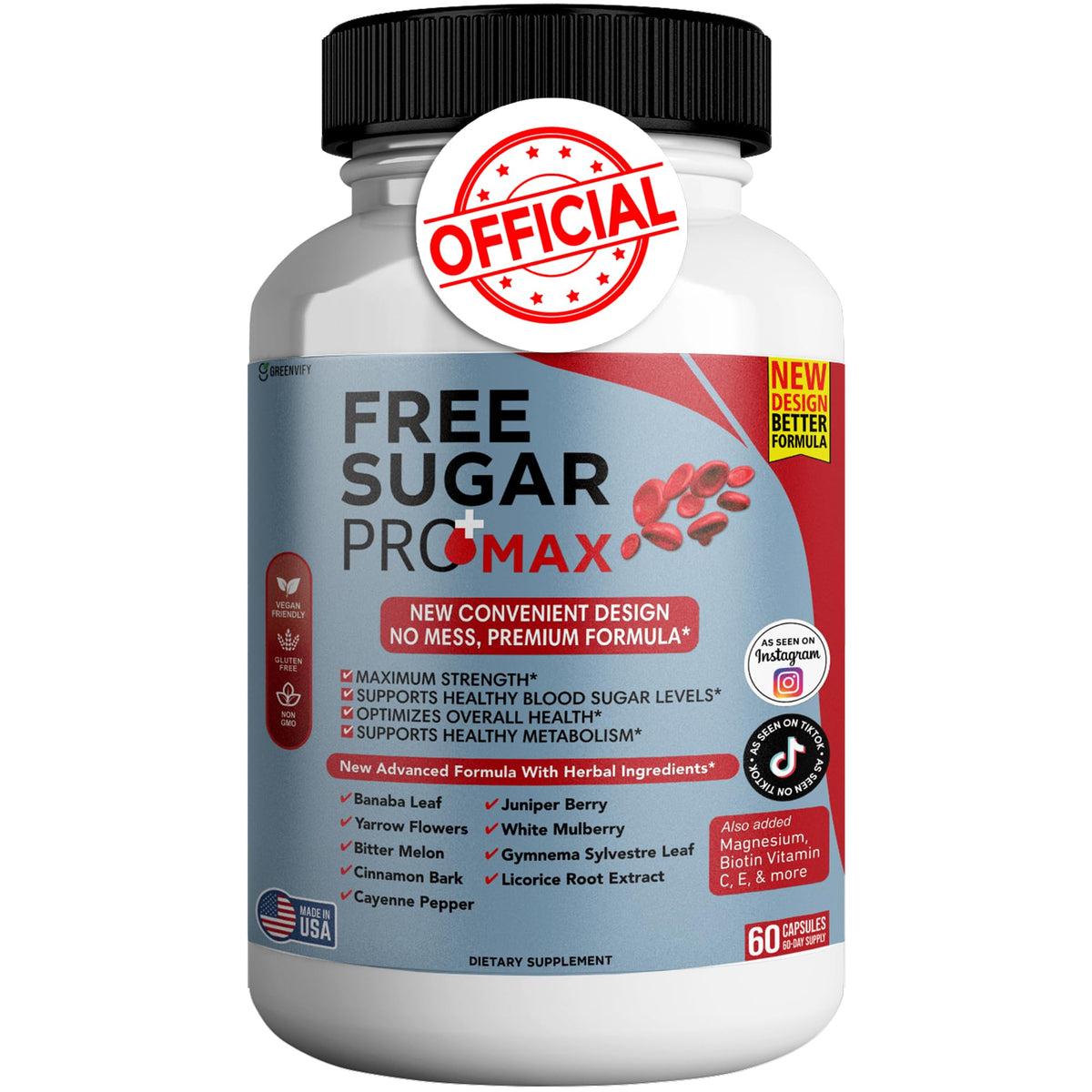 GREENVIFY Free Sugar Pro Max bottle front view, all-natural formula for daily balance.