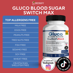 GREENVIFY Gluco Blood Sugar Switch Max label emphasizing natural ingredients and quality production.