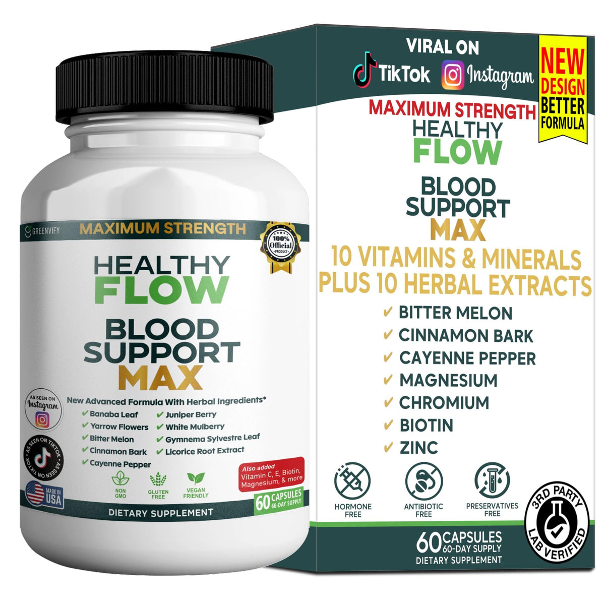 GREENVIFY Healthy Flow Max bottle highlighting the herbal blend for daily circulation support
