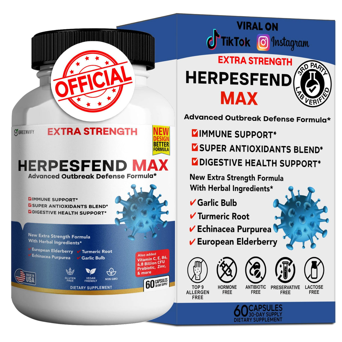 GREENVIFY HerpesFend Max bottle front for daily immune support.