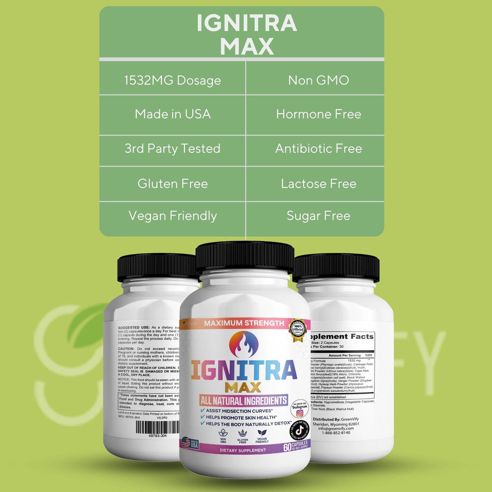 GreenVIFY Ignitrix Max label view showing gluten-free formulation for dietary needs.