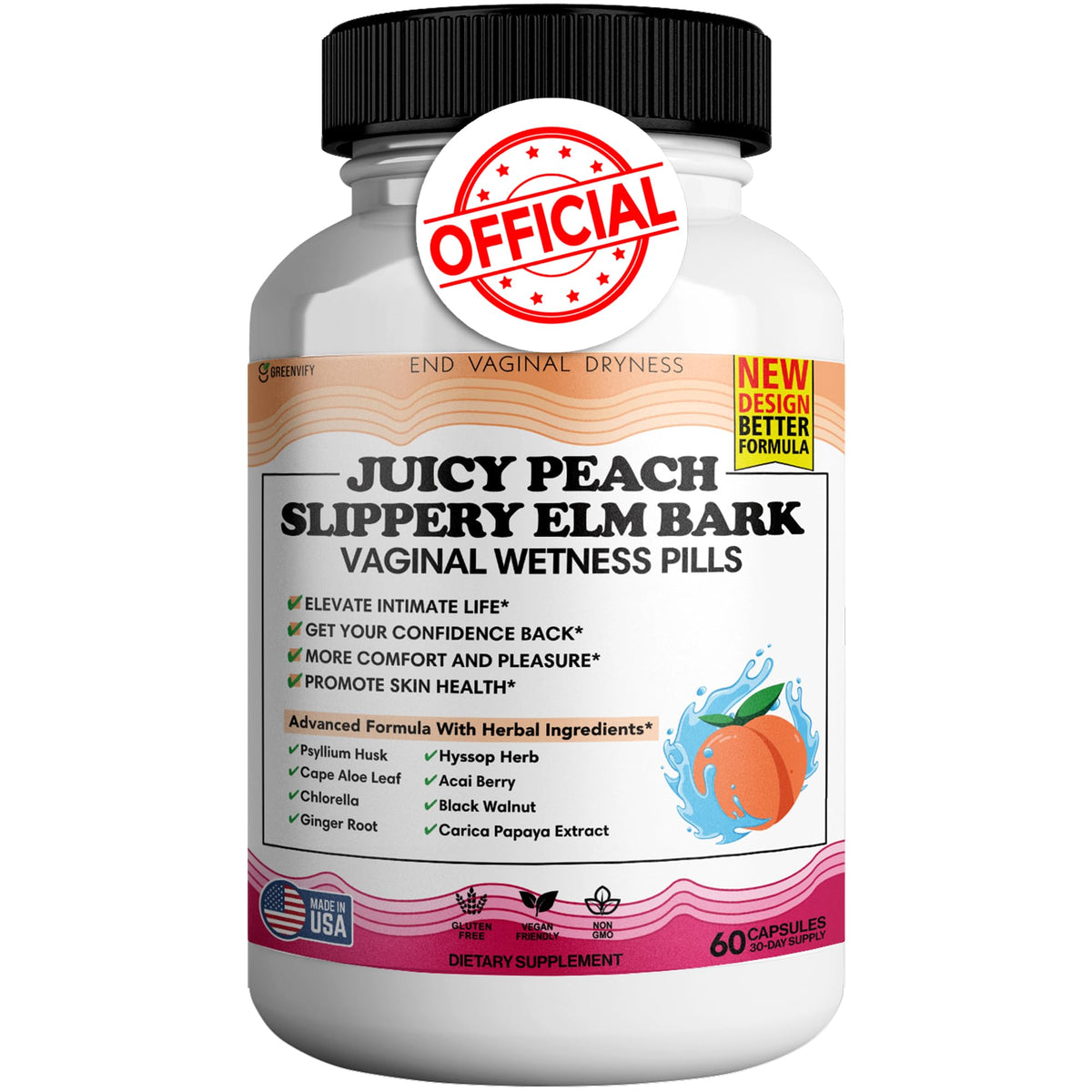 GREENVIFY Juicy Peach Slippery Elm Bark Capsule close-up, highlighting natural moisture-support potential
