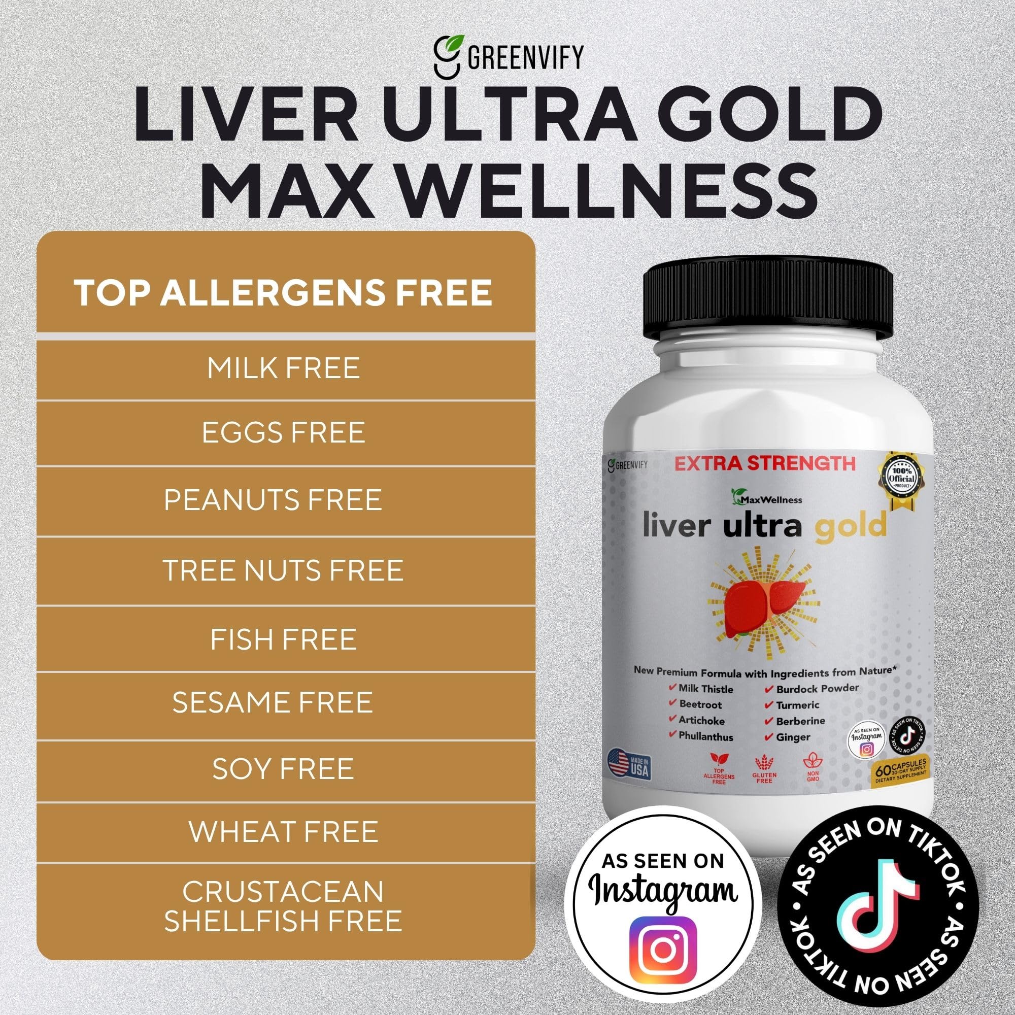 GreenVify Liver Ultra Gold bottle label highlights USA-made, non-GMO, gluten-free and allergen-friendly.