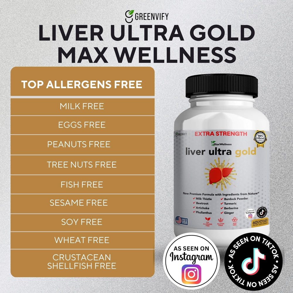 GreenVify Liver Ultra Gold bottle label highlights USA-made, non-GMO, gluten-free and allergen-friendly.