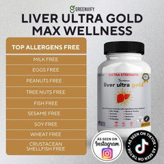 GreenVify Liver Ultra Gold bottle label highlights USA-made, non-GMO, gluten-free and allergen-friendly.