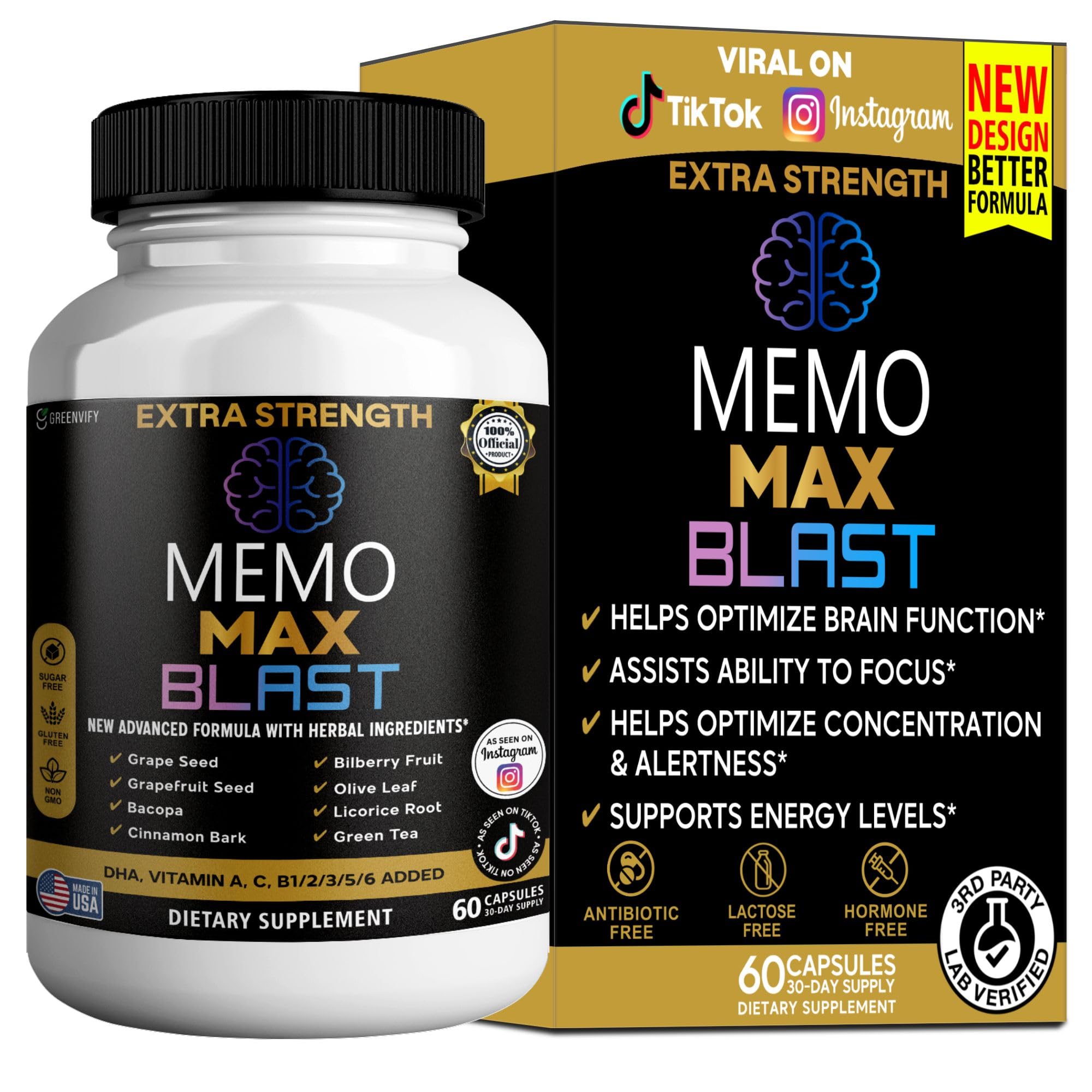GREENVIFY Memo Max Blast bottle front for daily focus support.