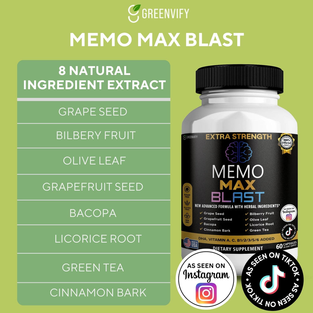 GREENVIFY Memo Max Blast bottle label featuring DHA and herbal ingredients.