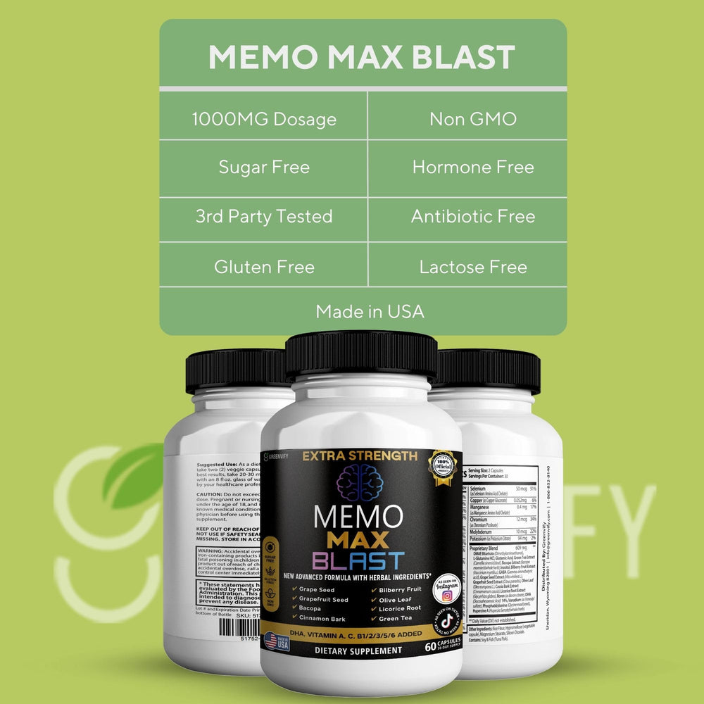 GREENVIFY Memo Max Blast herbal blend closeup suggesting natural cognitive support.