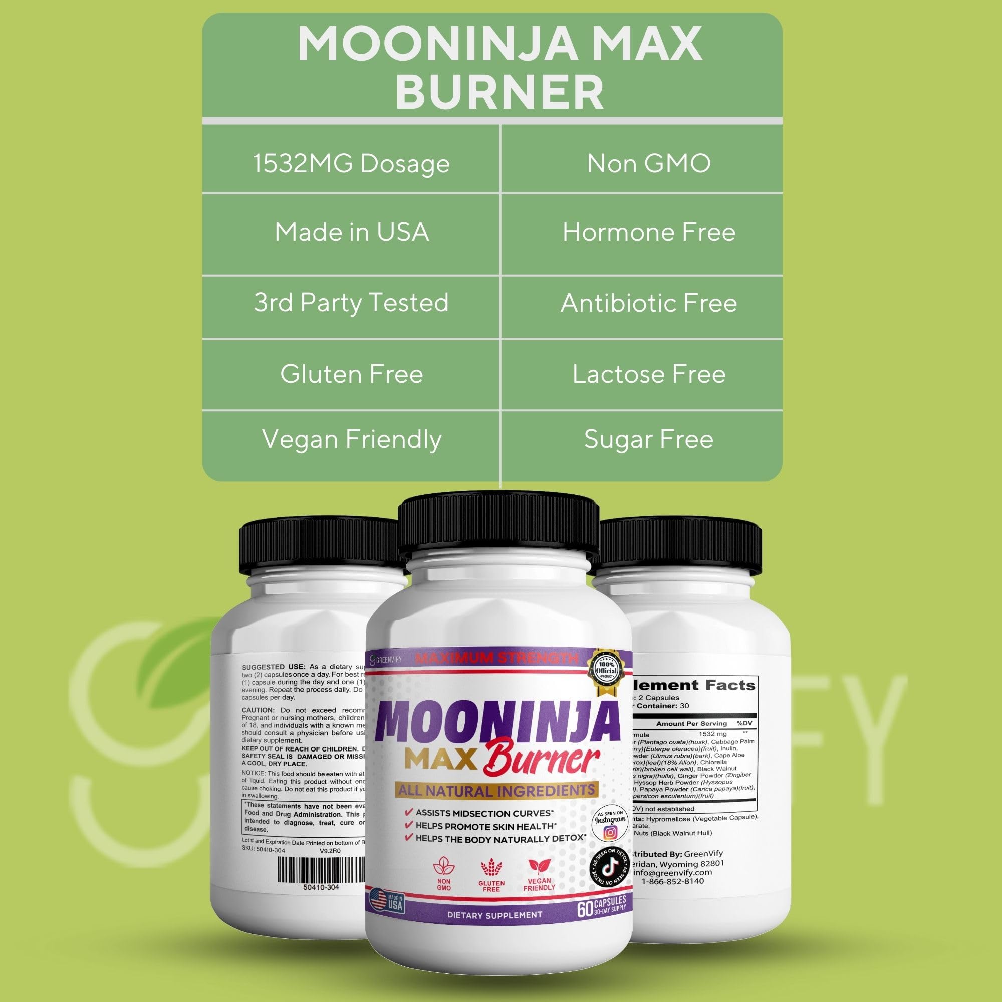 GreenVIFY Mooninja Max Burner label and packaging highlight vegan, non-GMO ingredients