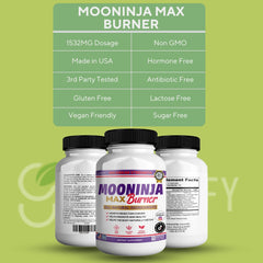 GreenVIFY Mooninja Max Burner label and packaging highlight vegan, non-GMO ingredients