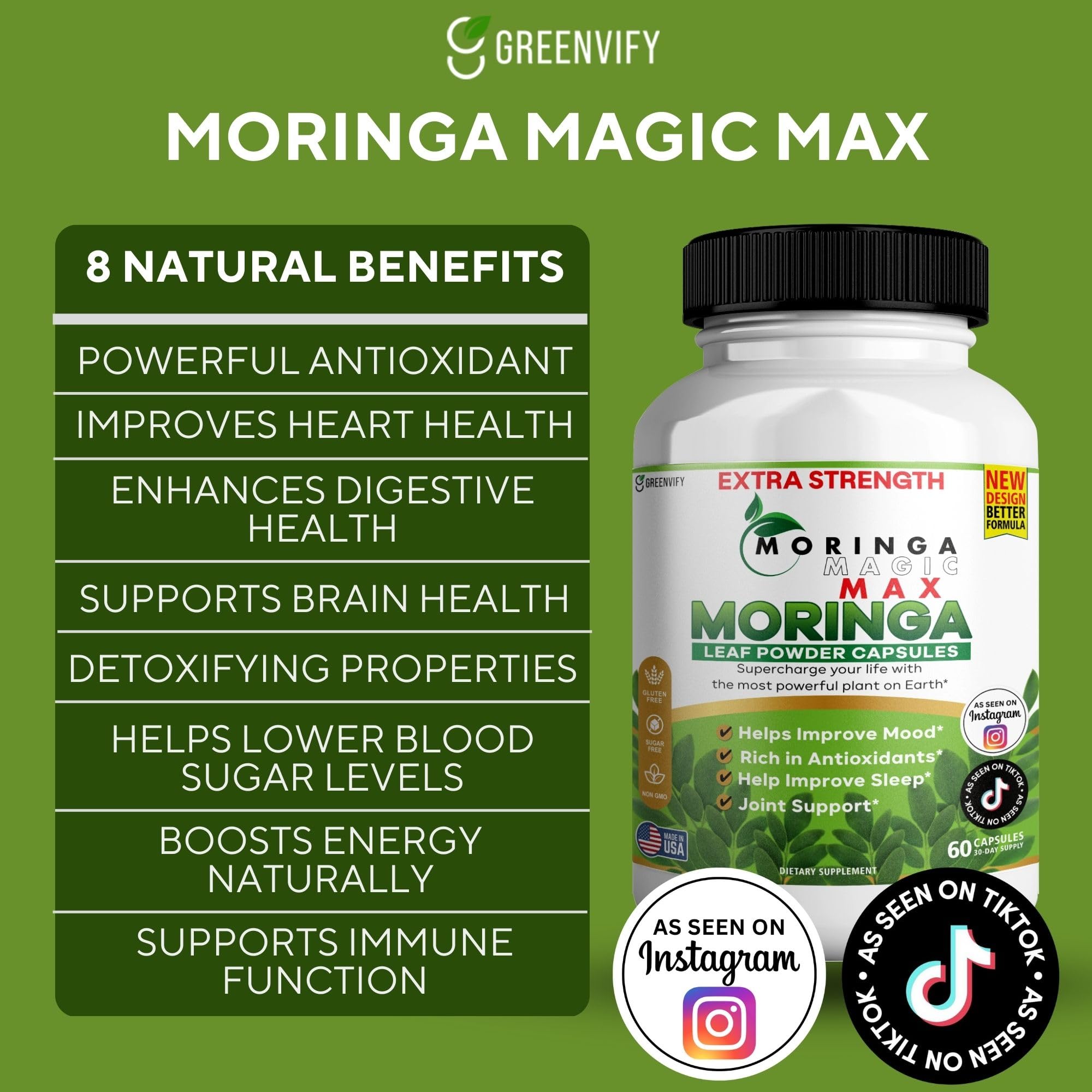 GREENVIFY Moringa leaf powder close up highlighting antioxidant rich formula.