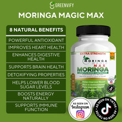 GREENVIFY Moringa leaf powder close up highlighting antioxidant rich formula.