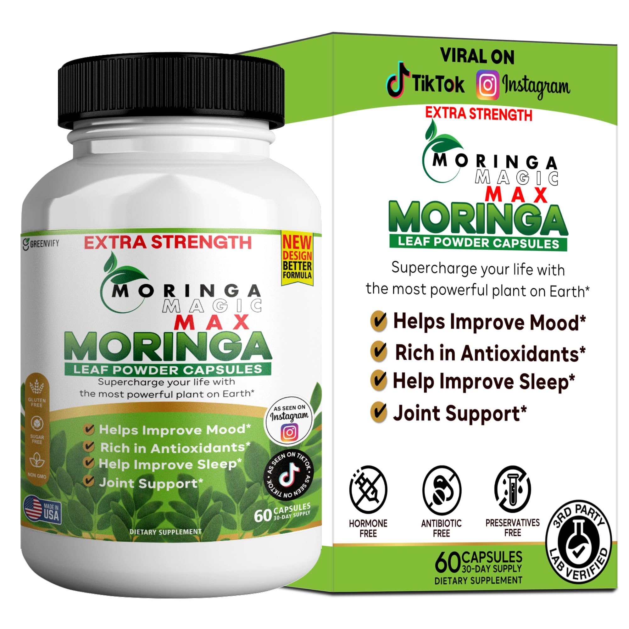 GREENVIFY Moringa Magic Max bottle on a clean shelf for daily vitality.