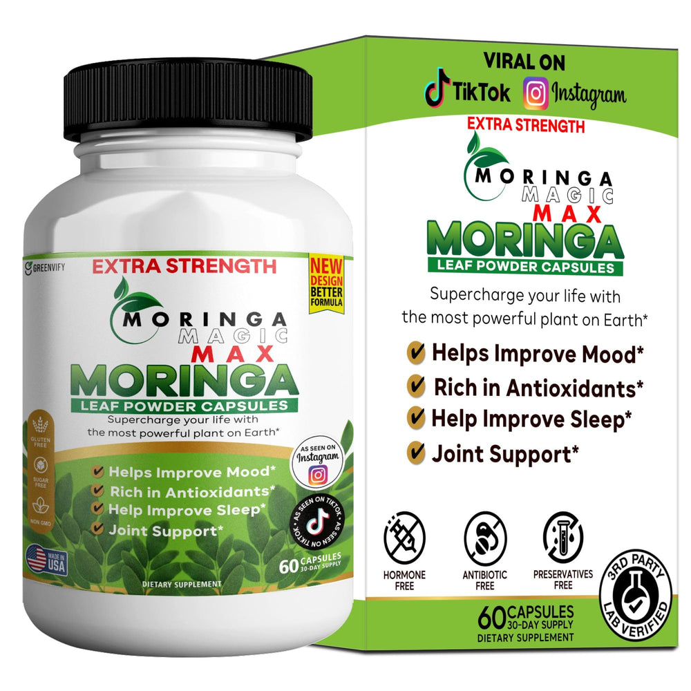 GREENVIFY Moringa Magic Max bottle on a clean shelf for daily vitality.