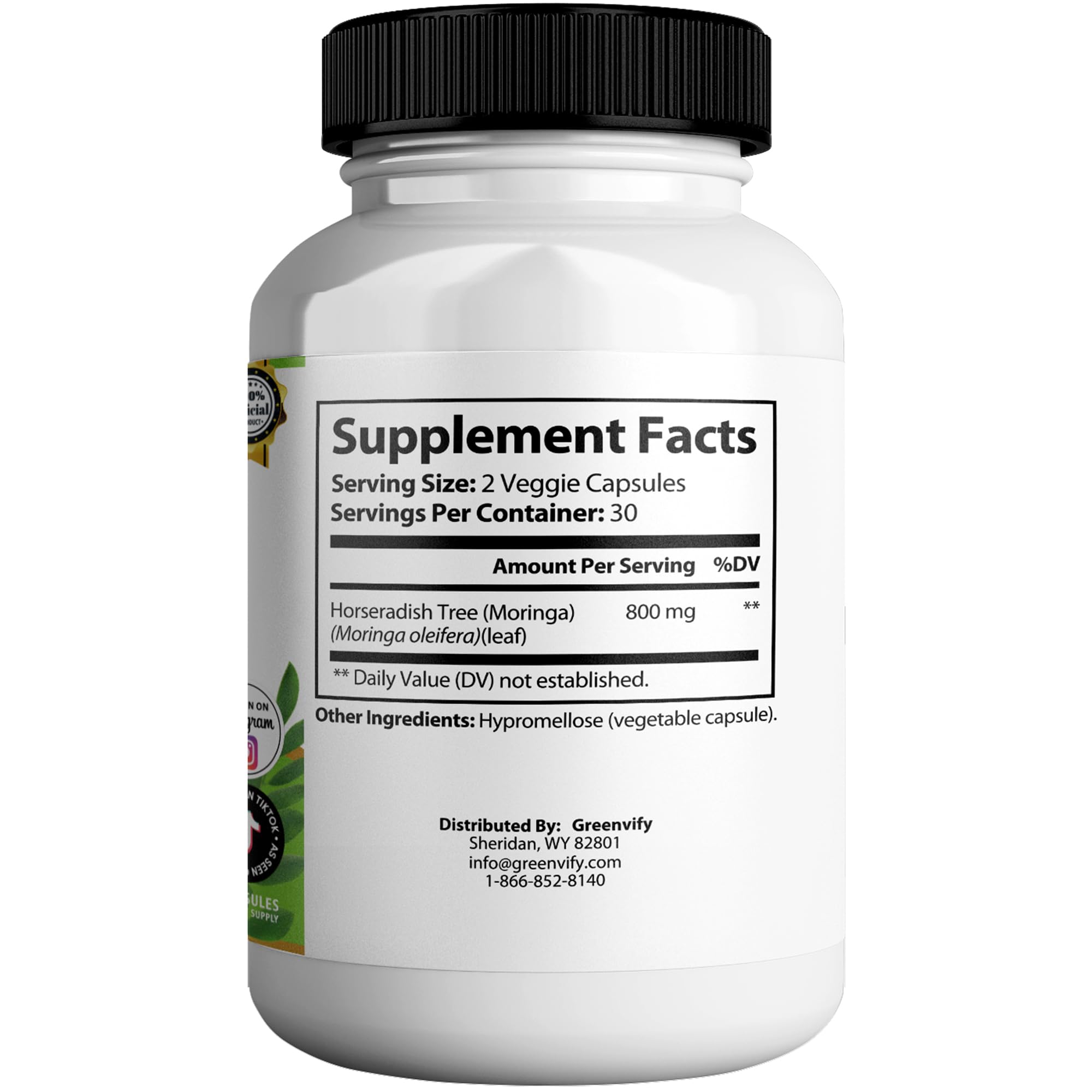 GREENVIFY Moringa Magic Max capsules close up showing 800mg per serving.