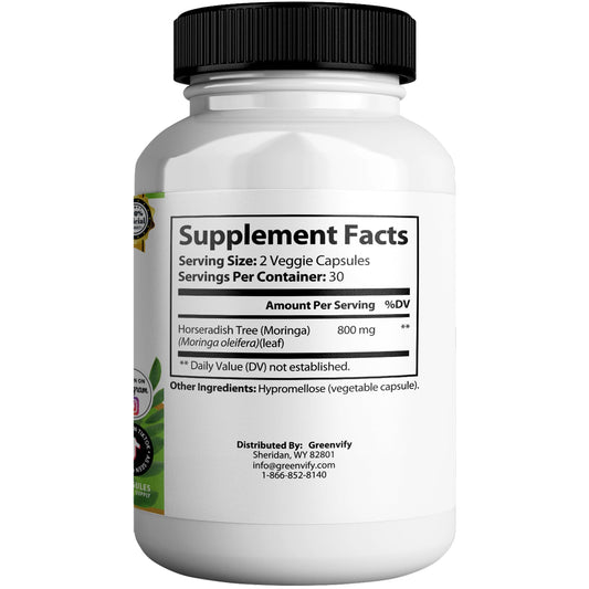 GREENVIFY Moringa Magic Max capsules close up showing 800mg per serving.