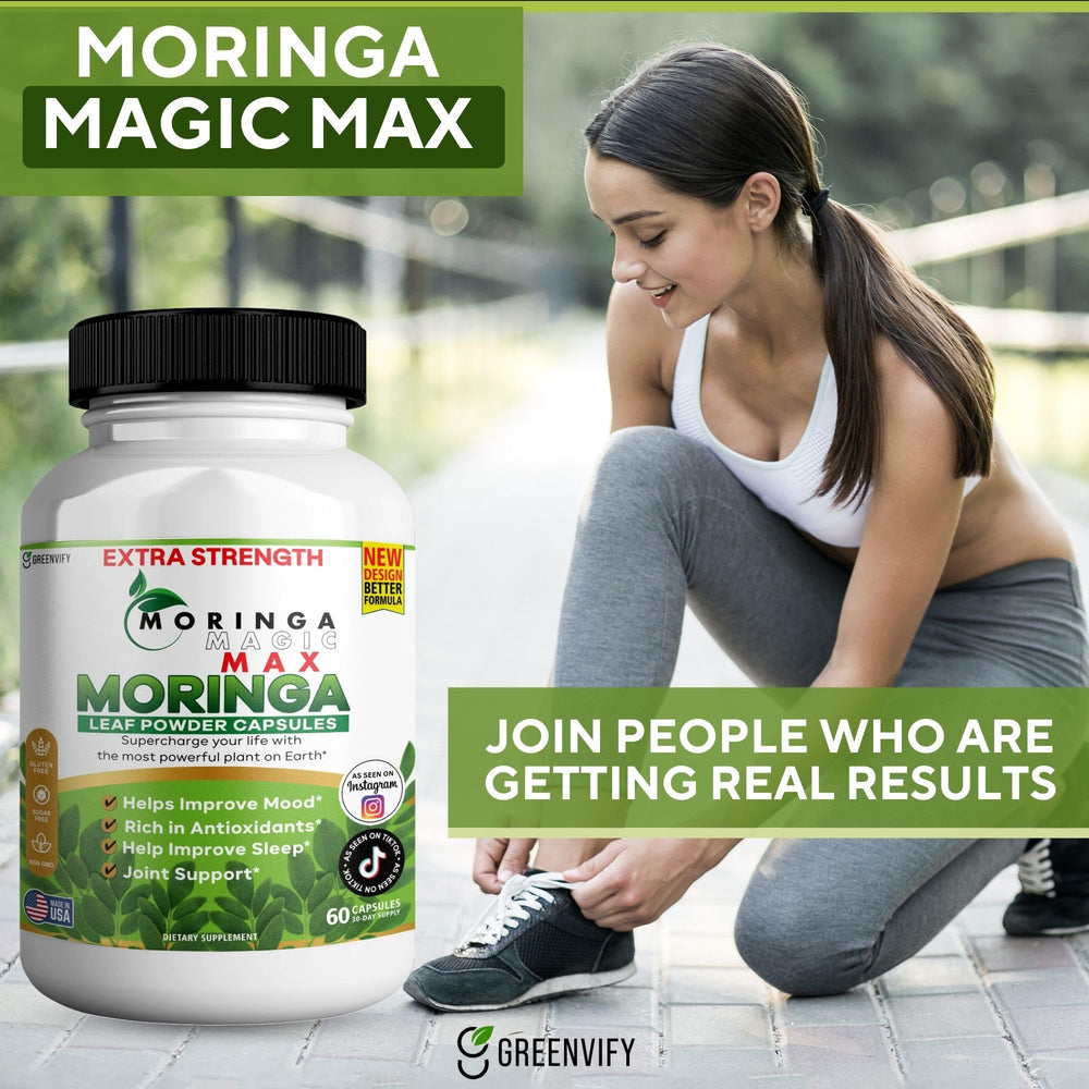 GREENVIFY Moringa Magic Max capsules with water for easy daily use.