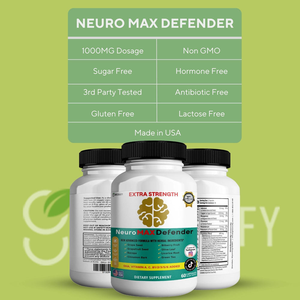 GREENVIFY NeuroMAX Defender label closeup highlighting key nutrients