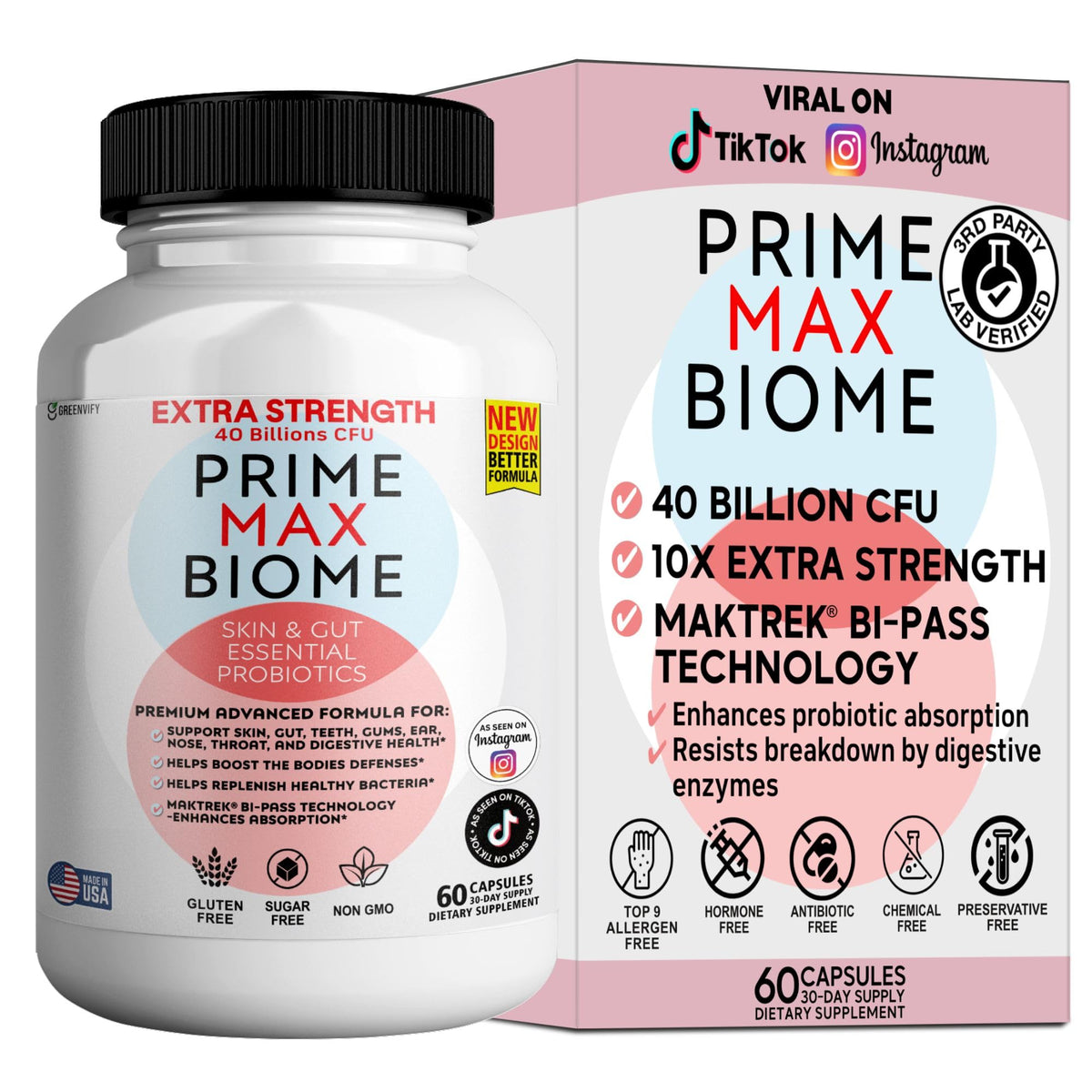 GREENVIFY Prime Max Biome bottle showing 40B CFU for gut and skin support.