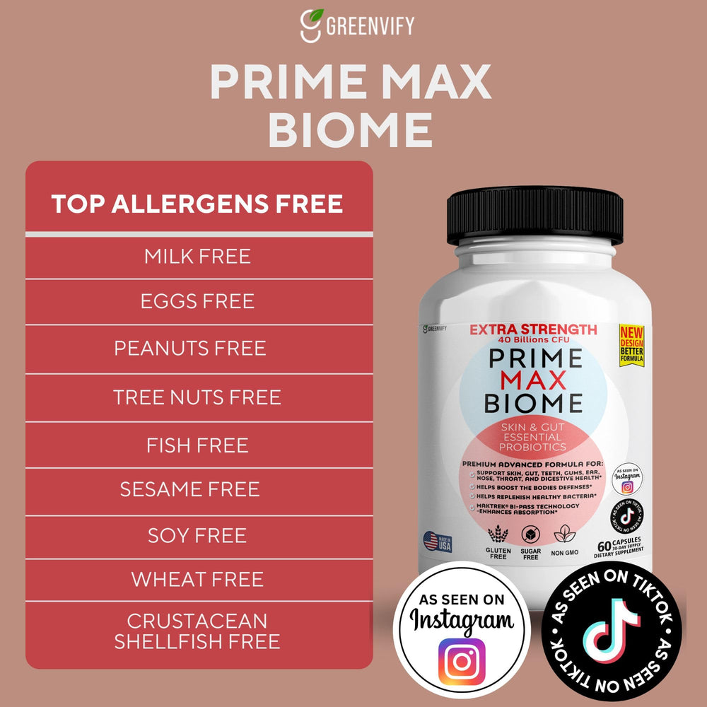 Prime Max Biome product label detailing ingredients and MAKTrek technology.