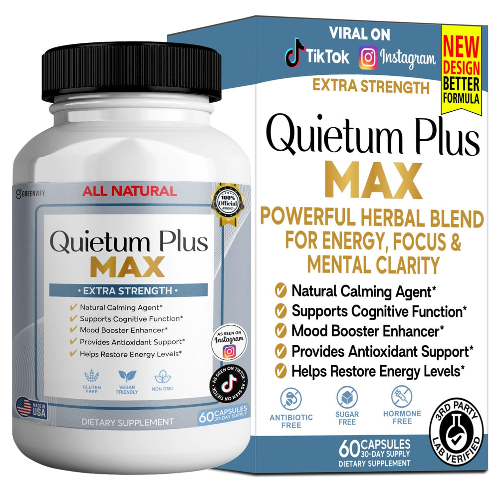GREENVIFY Quietum Plus Max bottle showcasing gluten-free vegan calming support for daily balance.