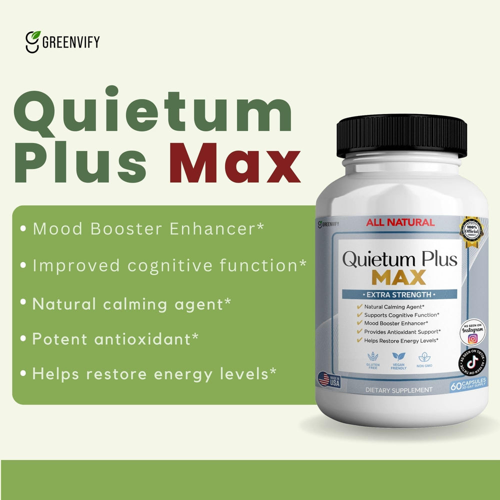 GREENVIFY Quietum Plus Max capsules close-up highlighting extra strength formula for daily calm.