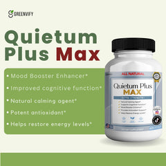 GREENVIFY Quietum Plus Max capsules close-up highlighting extra strength formula for daily calm.