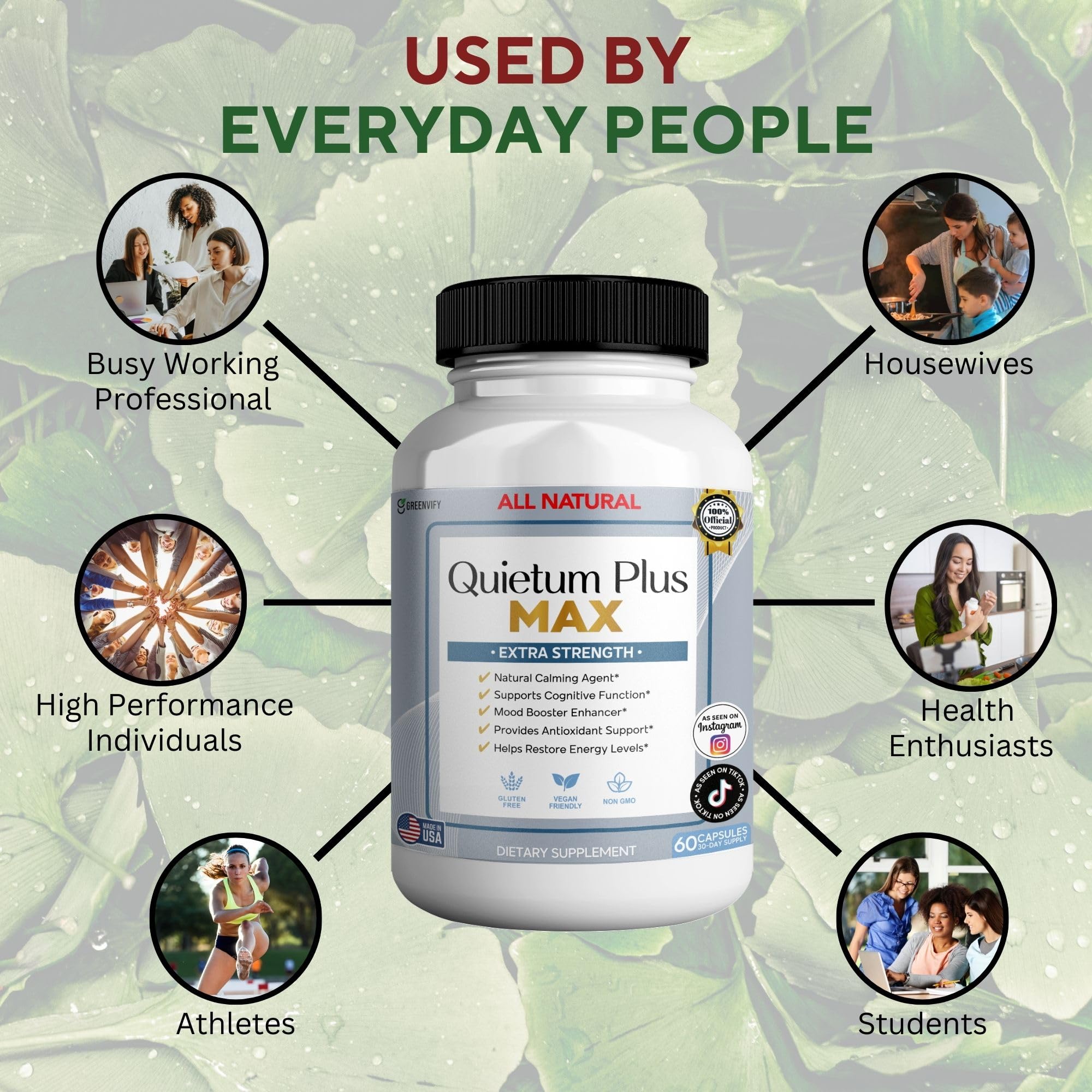 GREENVIFY Quietum Plus Max daily-use bottle encourages consistency with a 60-capsule supply.