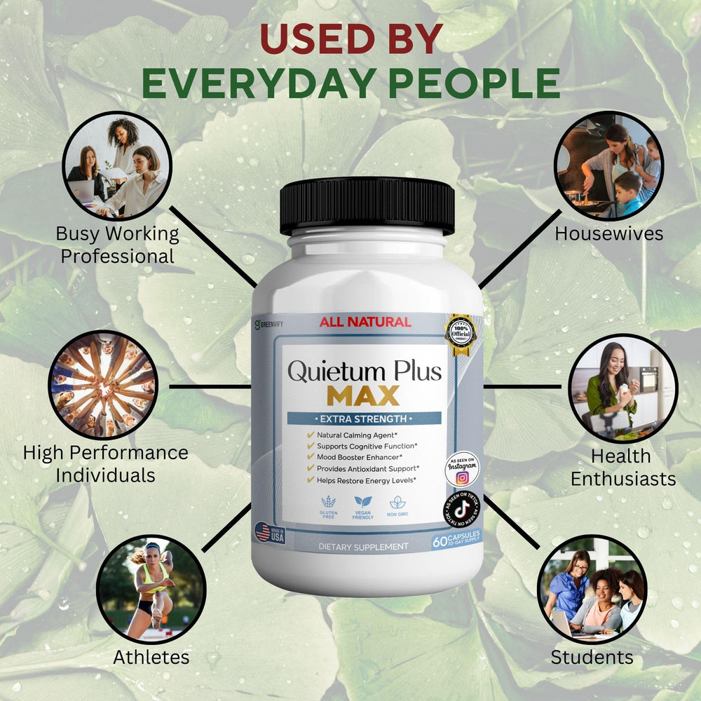 GREENVIFY Quietum Plus Max daily-use bottle encourages consistency with a 60-capsule supply.