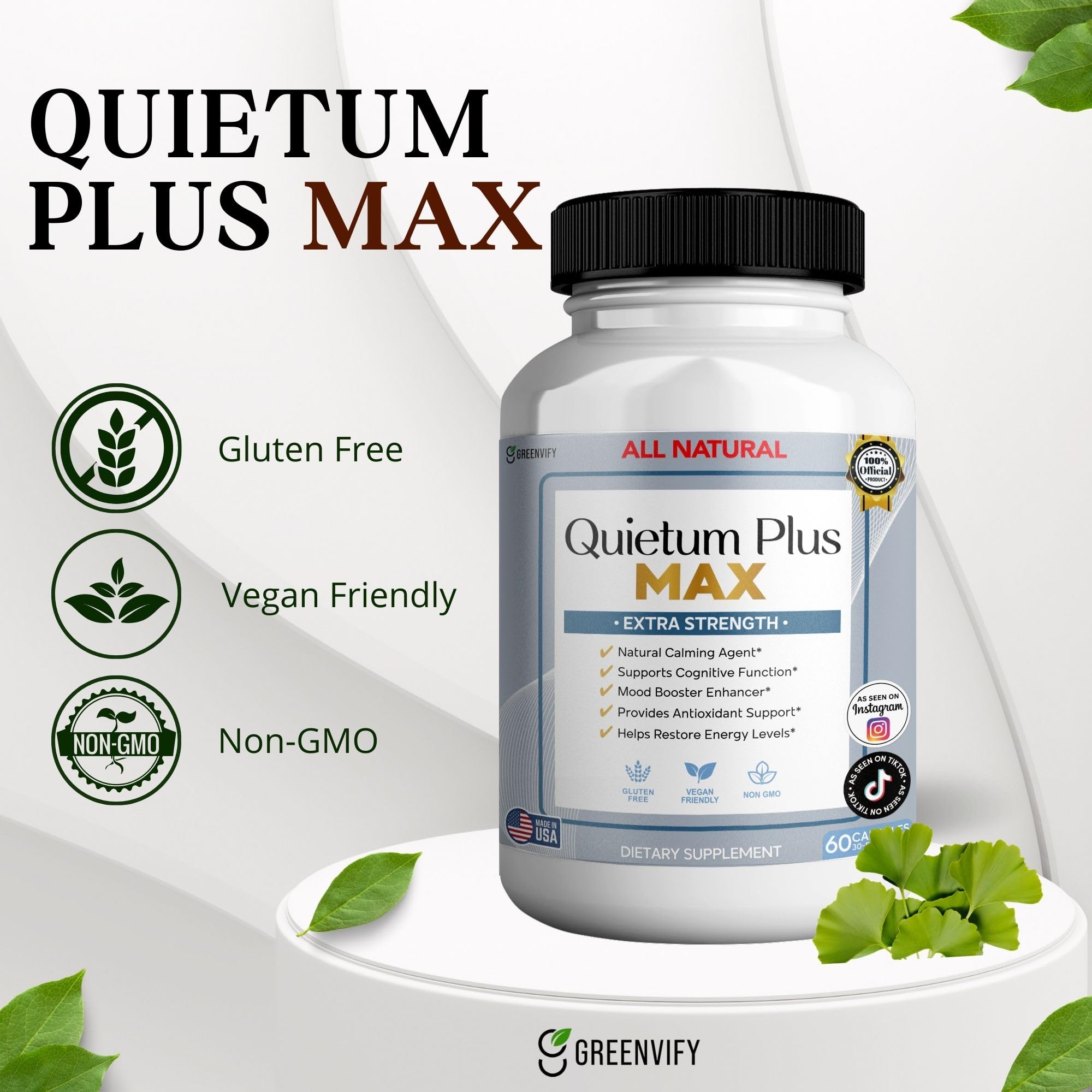 GREENVIFY Quietum Plus Max with ginseng and ginkgo emphasizes natural balance and focus.